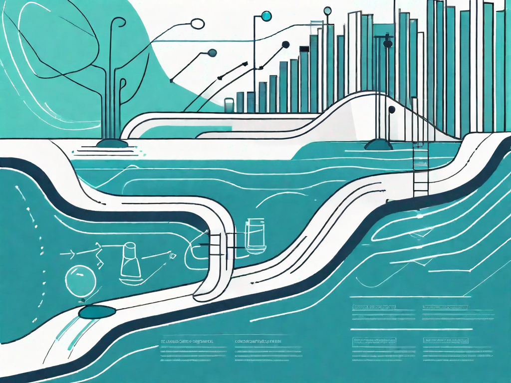 A swimlane diagram with various abstract shapes representing different business processes and analysis steps