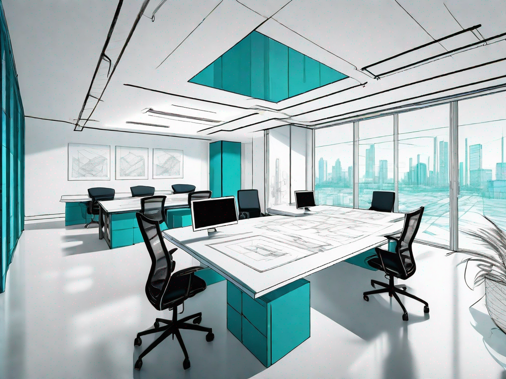 A sleek office space with various design blueprints and 3d models spread across a large table