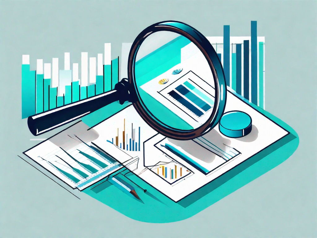 A magnifying glass hovering over a pie chart and bar graph