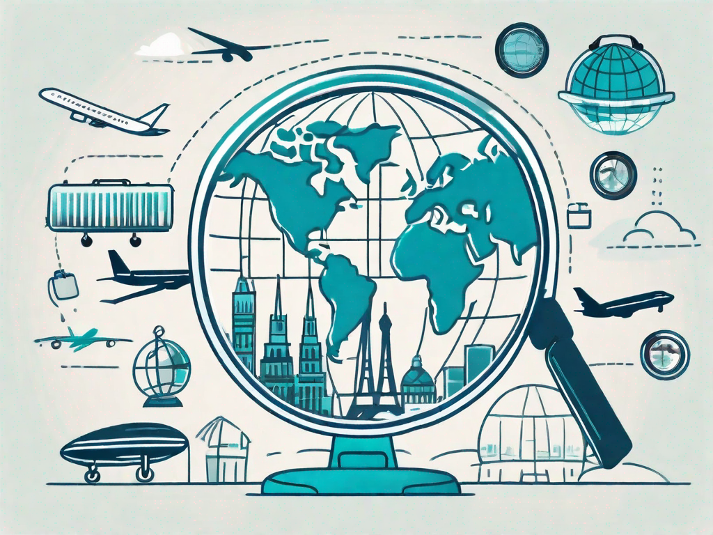 A magnifying glass hovering over a globe with various travel-related icons (like a suitcase