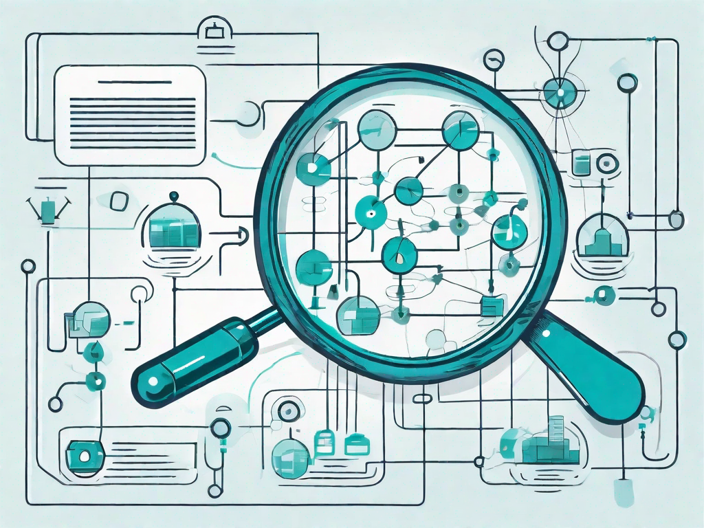 A magnifying glass hovering over a complex flowchart symbolizing business processes and operations