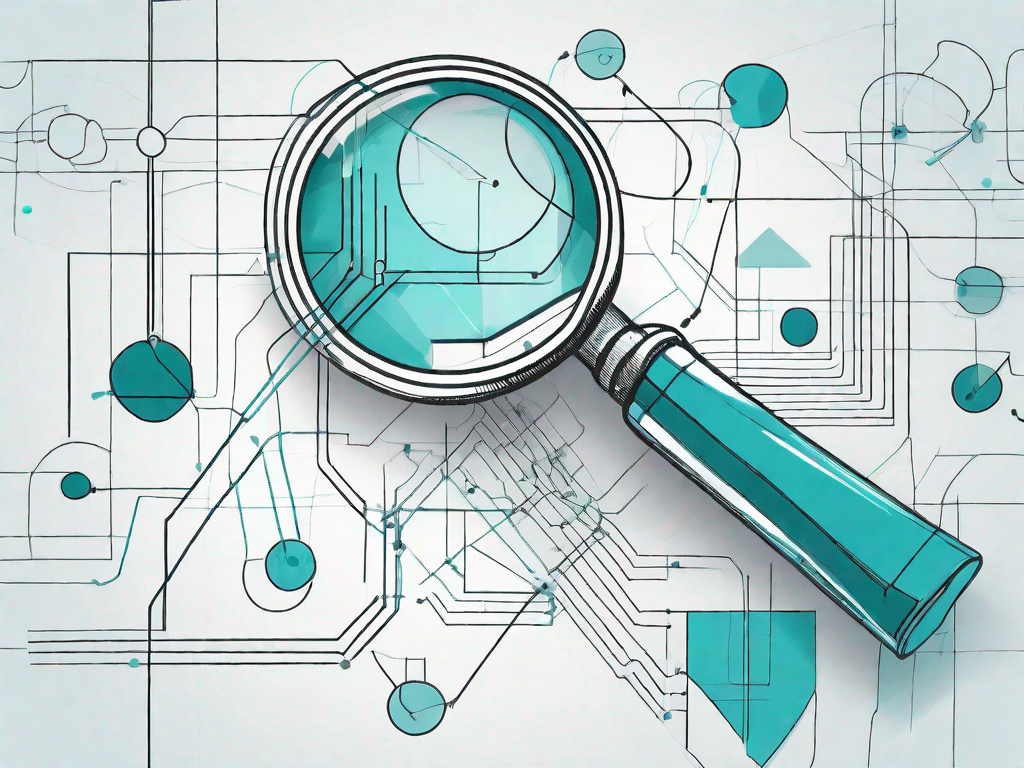 A magnifying glass hovering over a complex diagram of interconnected shapes and lines