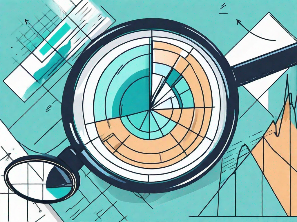 A magnifying glass focusing on a pie chart and bar graph