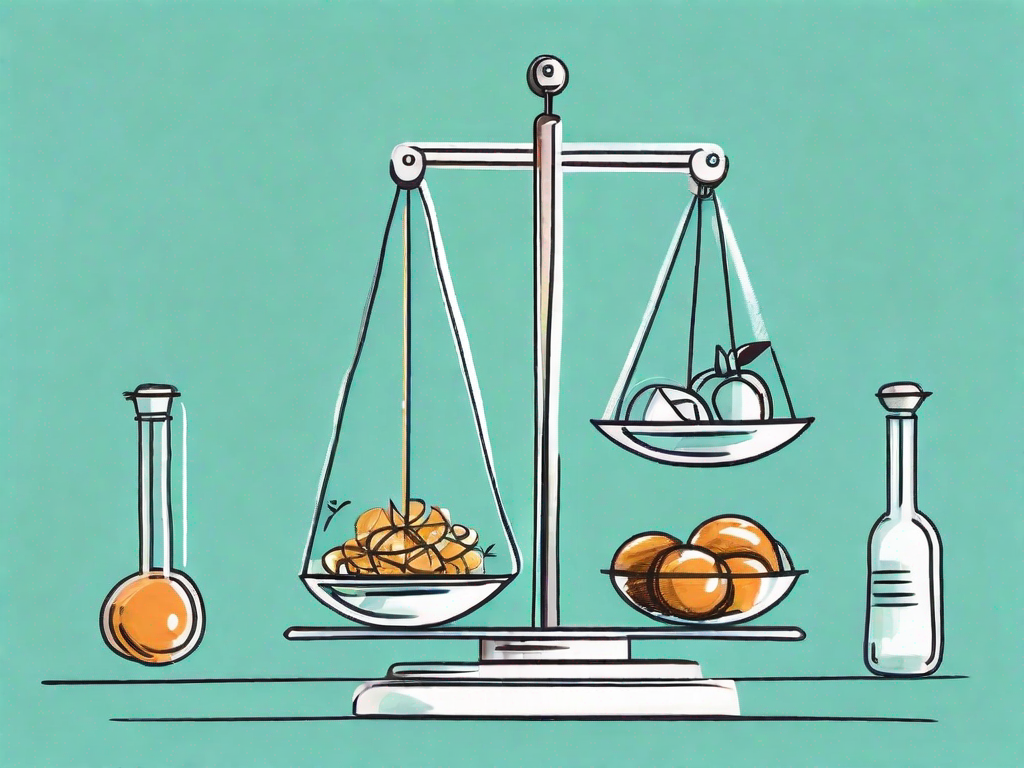 Various food and beverage items on a balance scale