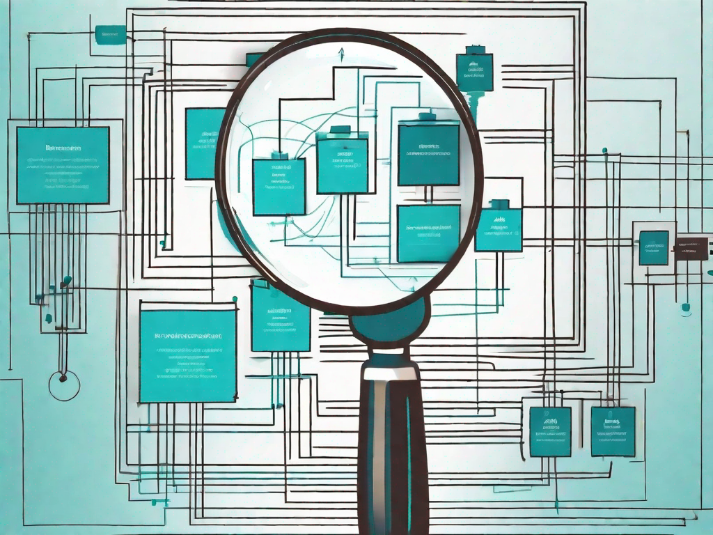 A magnifying glass hovering over a complex flowchart or network of interconnected boxes