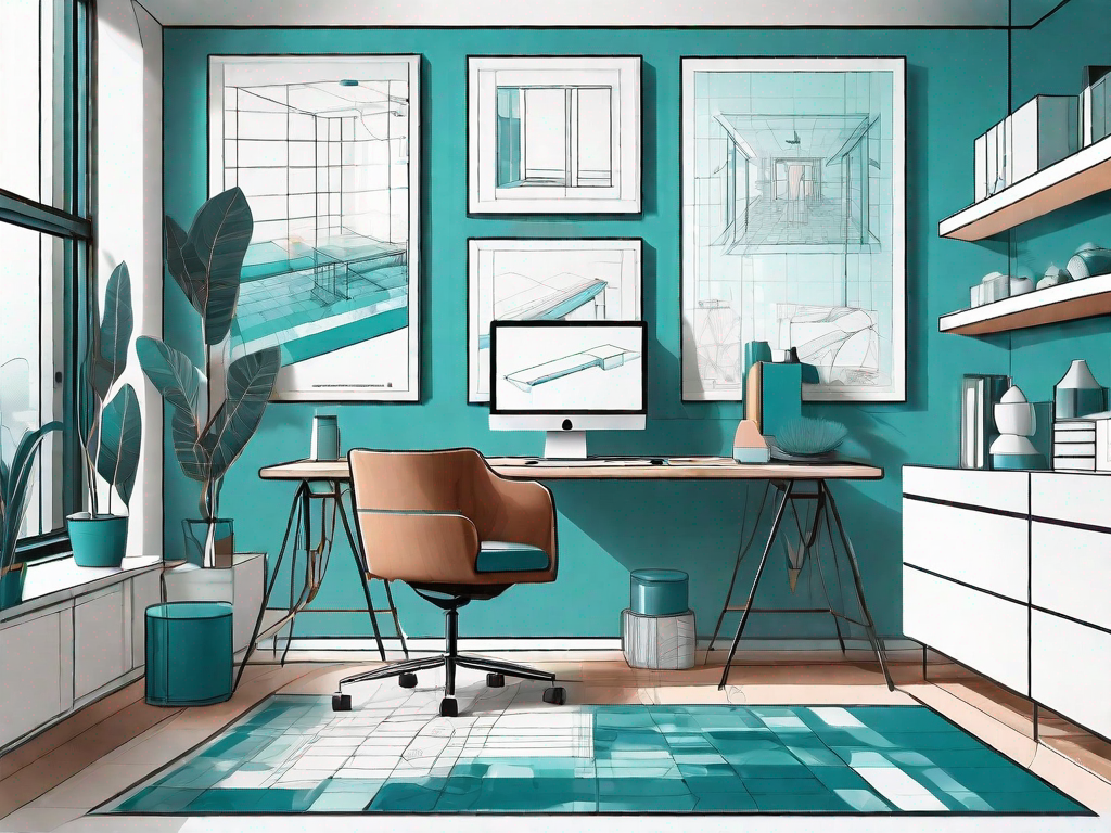 A modern interior design workspace with various tools like a blueprint