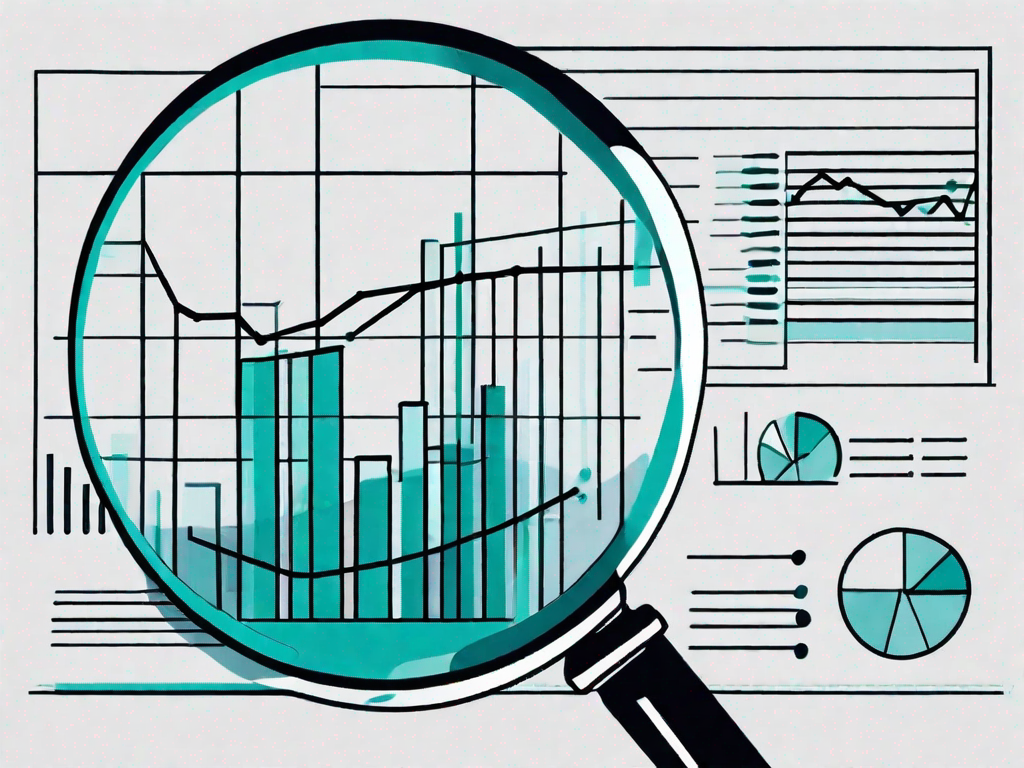 A magnifying glass over a pie chart and bar graph representing business data analysis