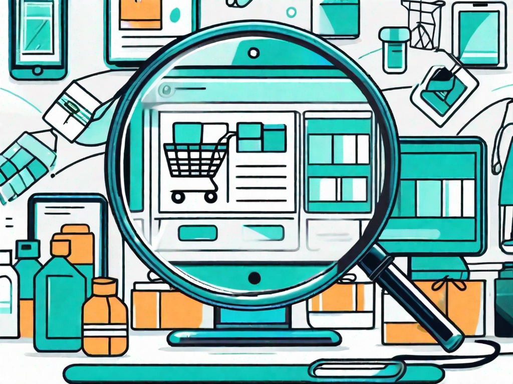 A magnifying glass hovering over a digital shopping cart filled with assorted products