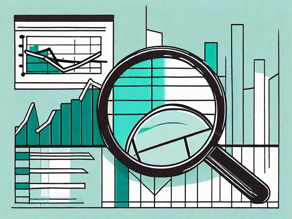 A magnifying glass over a pie chart and bar graph