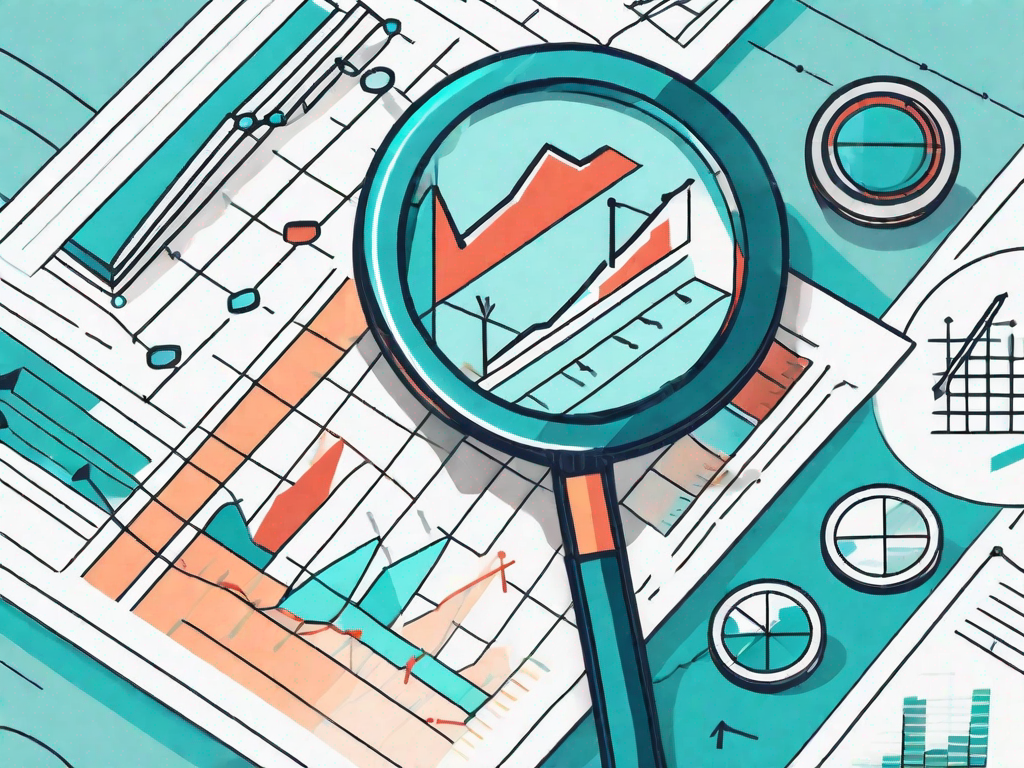 A magnifying glass examining various business-related icons such as graphs