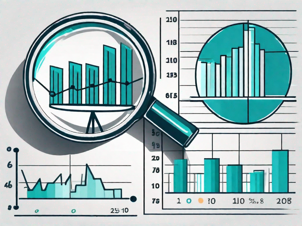 A magnifying glass hovering over a pie chart and a bar graph