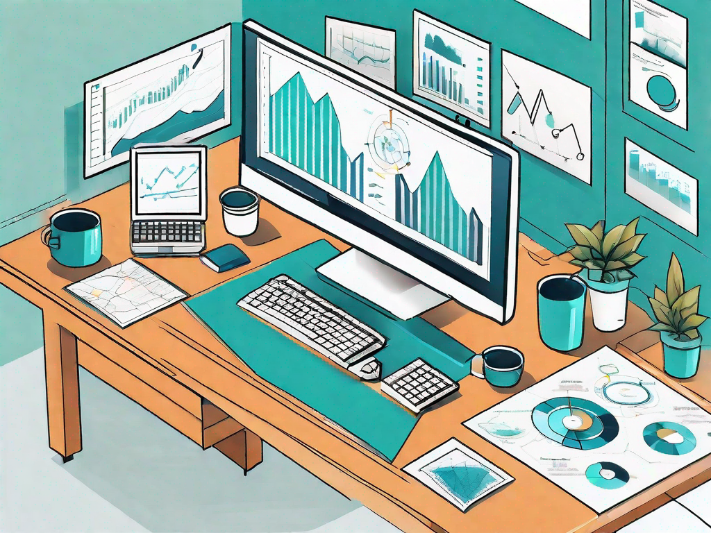 A single workstation with a computer displaying graphs and charts