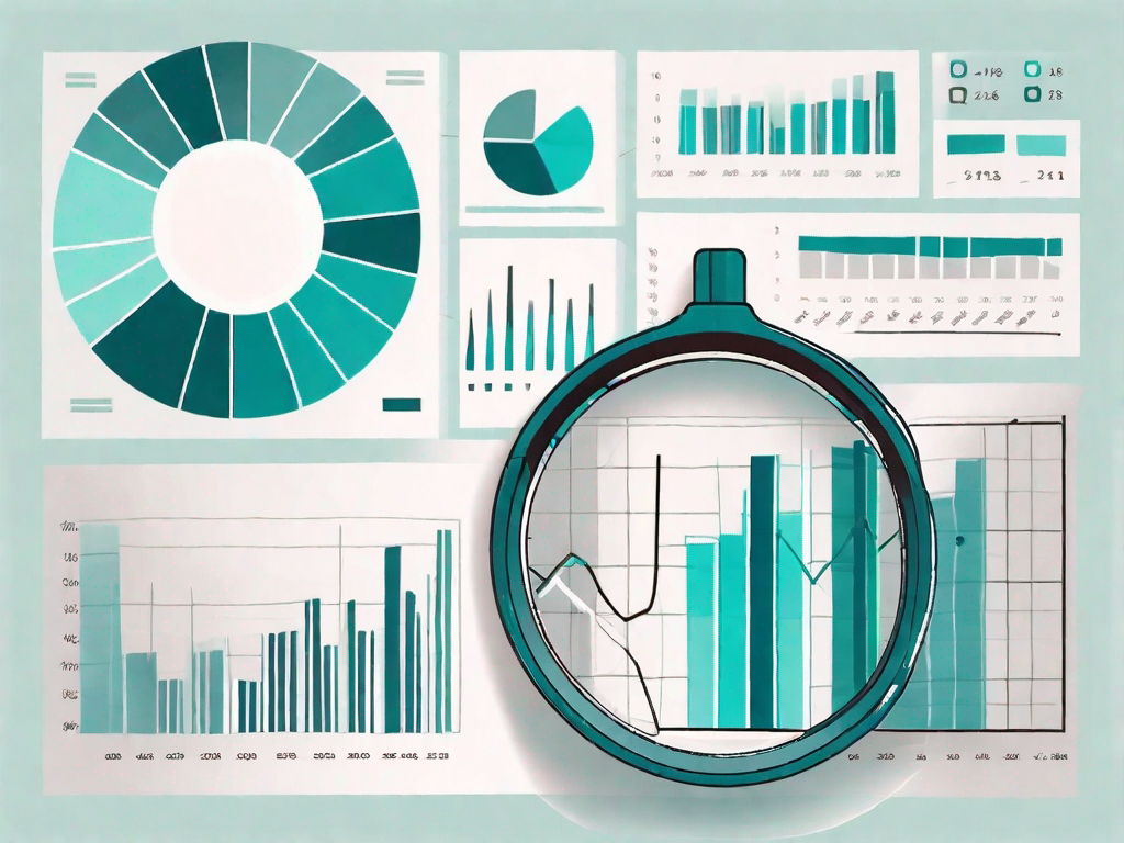 A magnifying glass focusing on a pie chart and bar graphs