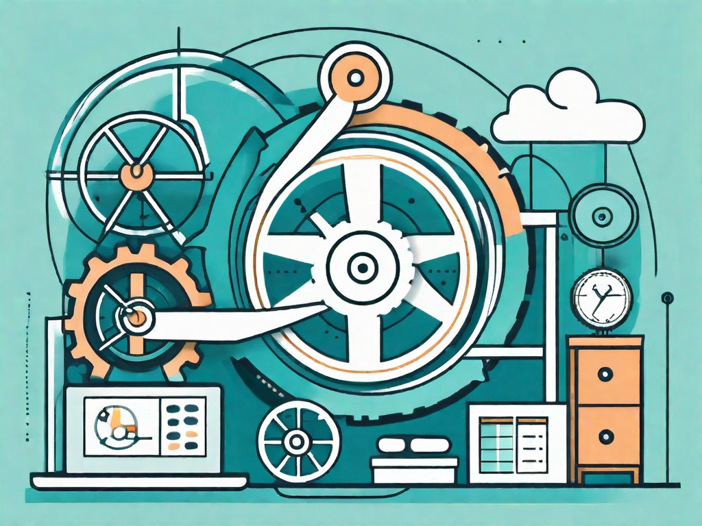 A small business store with abstract symbols representing different business processes such as gears for operations