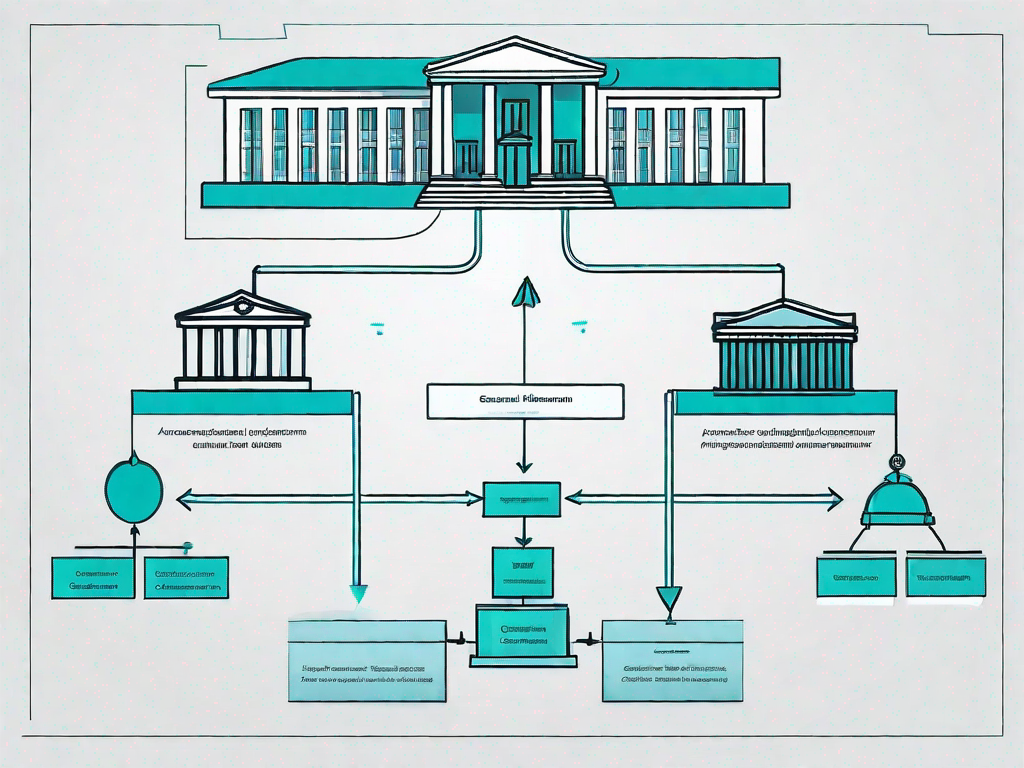 A complex flowchart or diagram interacting with various symbolic elements like a courthouse