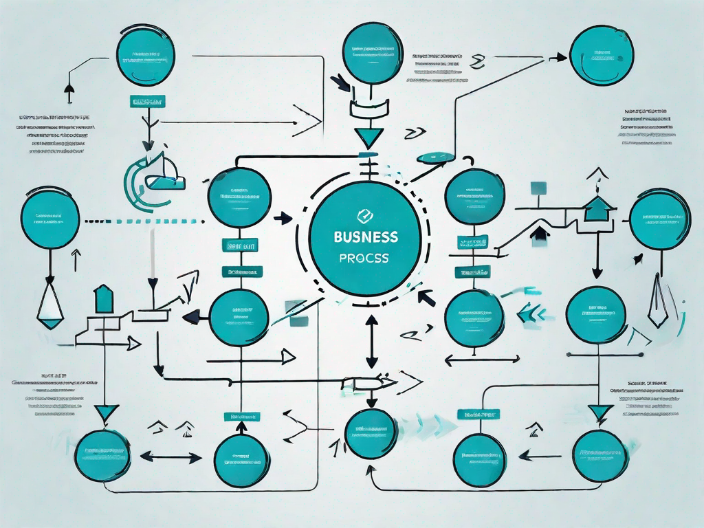 A flowchart with various abstract symbols representing different stages of a business process