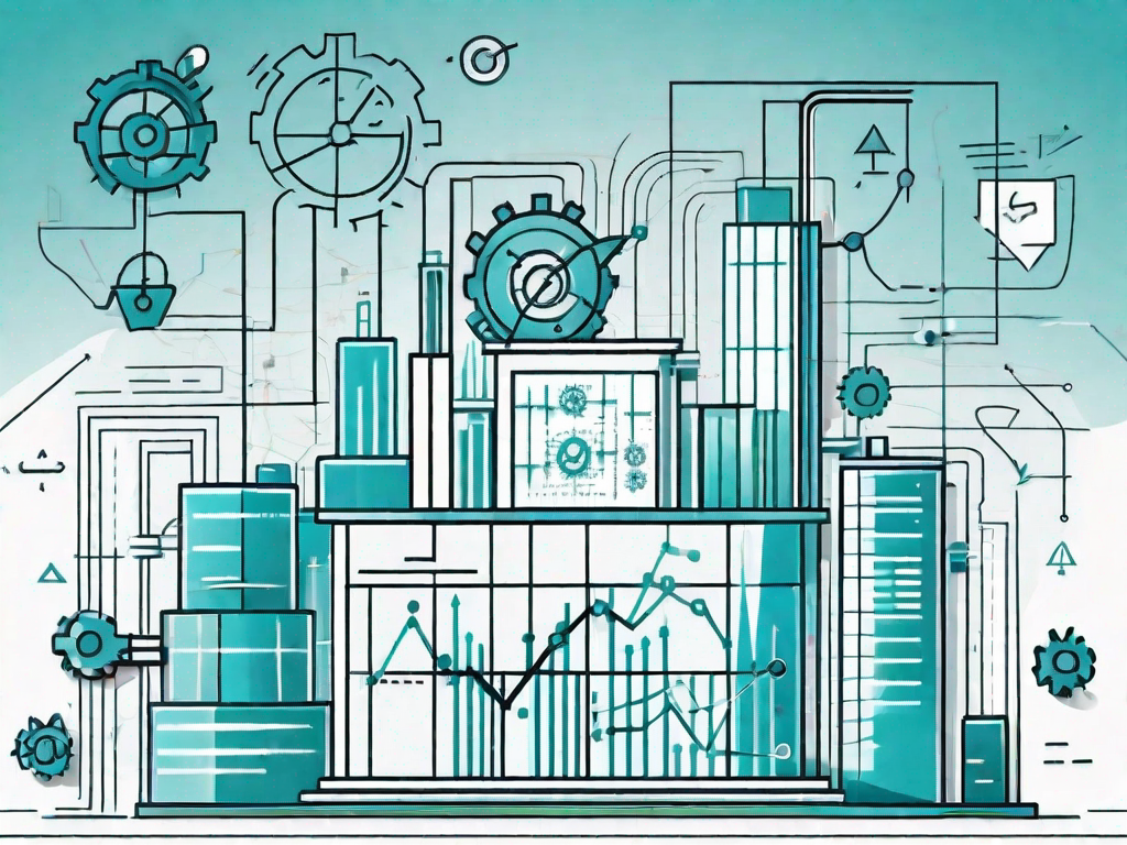 A financial building with various abstract symbols representing different financial processes like graphs