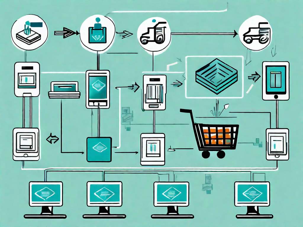 A digital process flowchart with various ecommerce elements like shopping carts