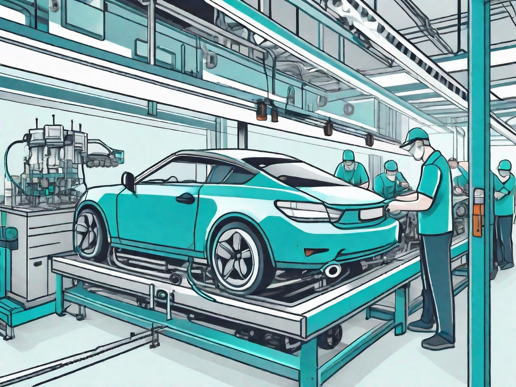 A detailed automotive production line with various stages of car assembly