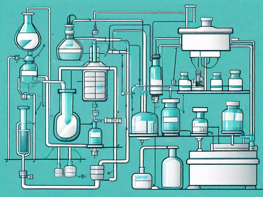 Various pharmaceutical tools and equipment arranged in a flowchart-like structure