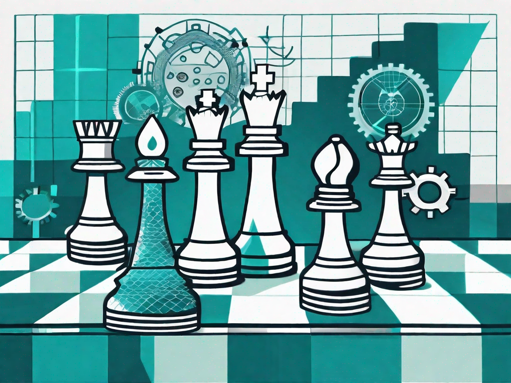 A chessboard with various symbolic business elements such as a graph