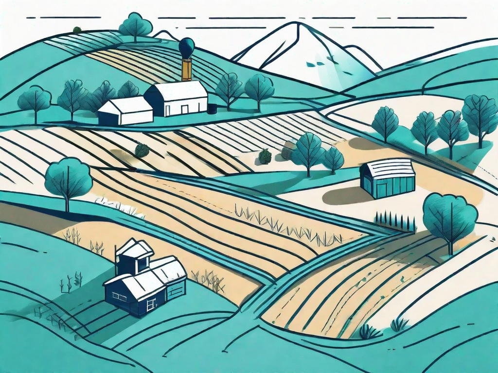 A farm landscape with various agricultural activities being represented as flow charts or diagrams