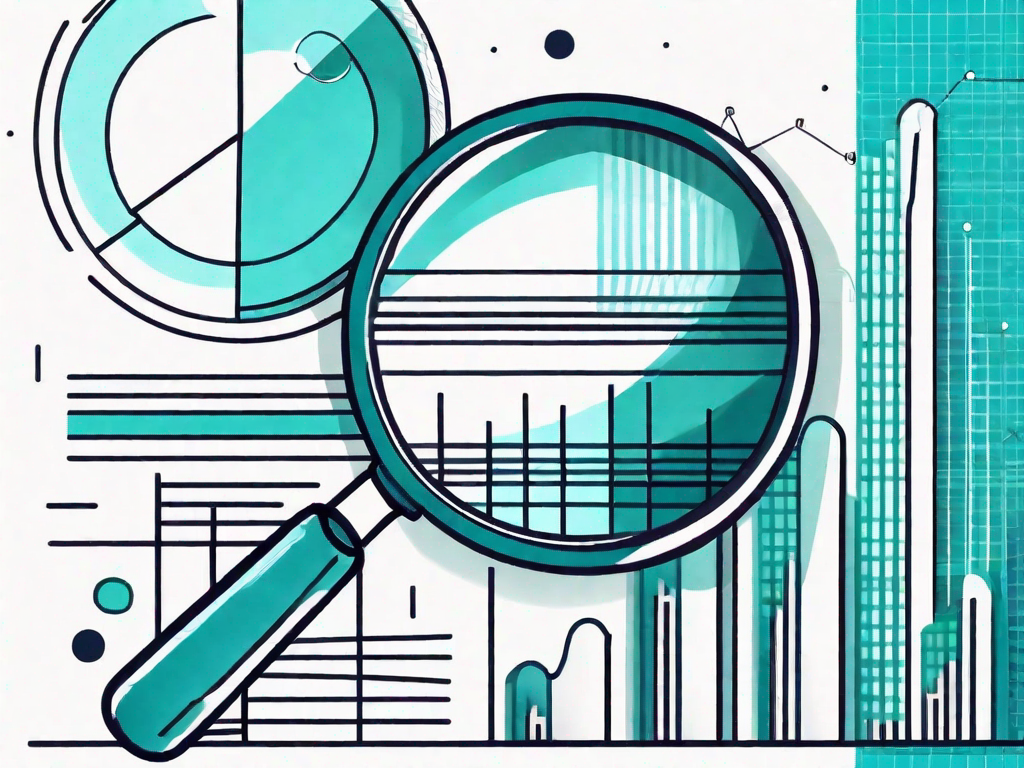 A magnifying glass examining a pie chart and a bar graph