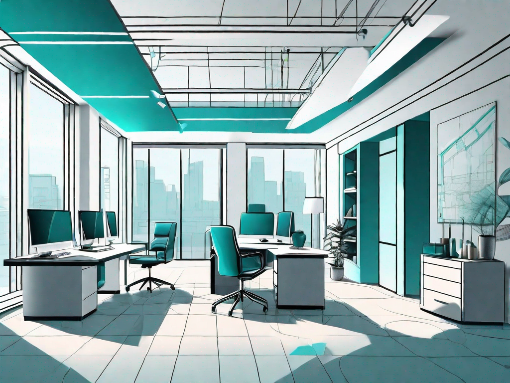 An interior design office space with various architectural plans