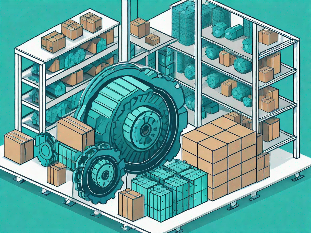 A warehouse with various distribution processes visualized as interconnected gears