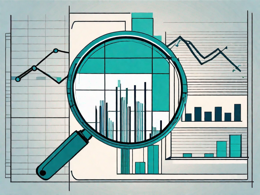 A magnifying glass hovering over a pie chart and bar graph