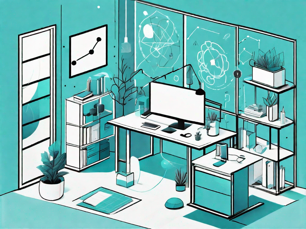 A startup's office space with various abstract symbols representing different use cases and scenarios scattered around