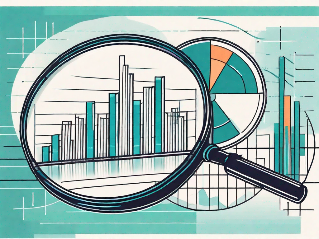 A magnifying glass hovering over a pie chart and bar graph