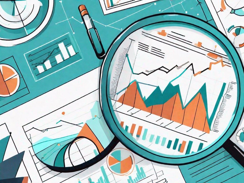 A magnifying glass hovering over a business chart with various analysis tools like graphs and pie charts