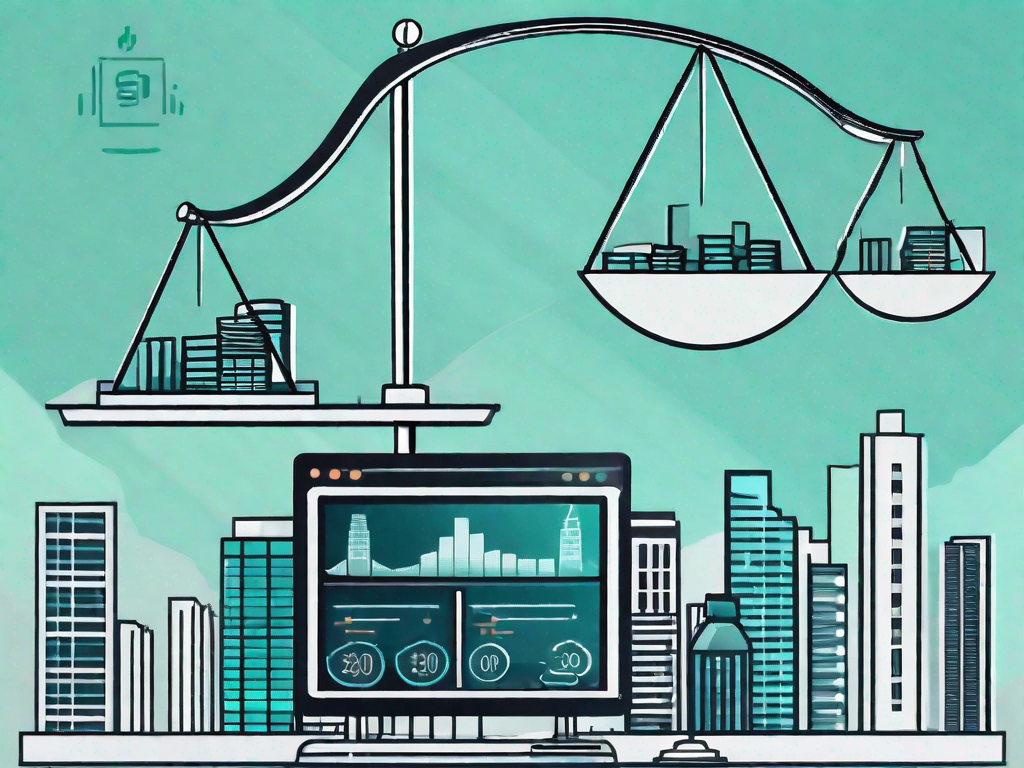 A balanced scale with symbolic financial documents on one side and computer icons representing user stories on the other