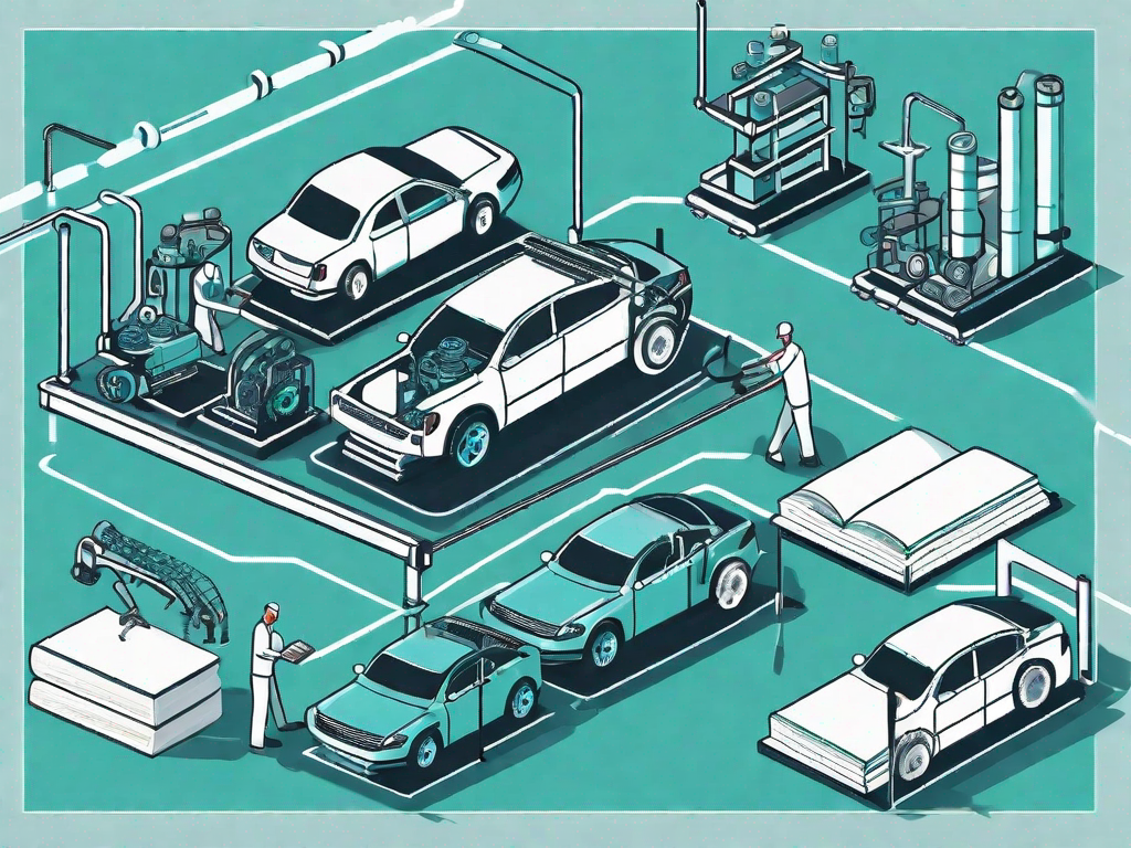 An automotive assembly line with various car parts labeled