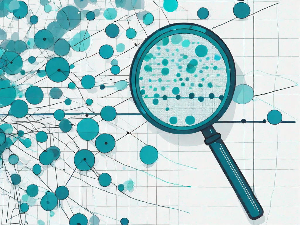 A magnifying glass hovering over a scatter plot graph with different clusters of data points