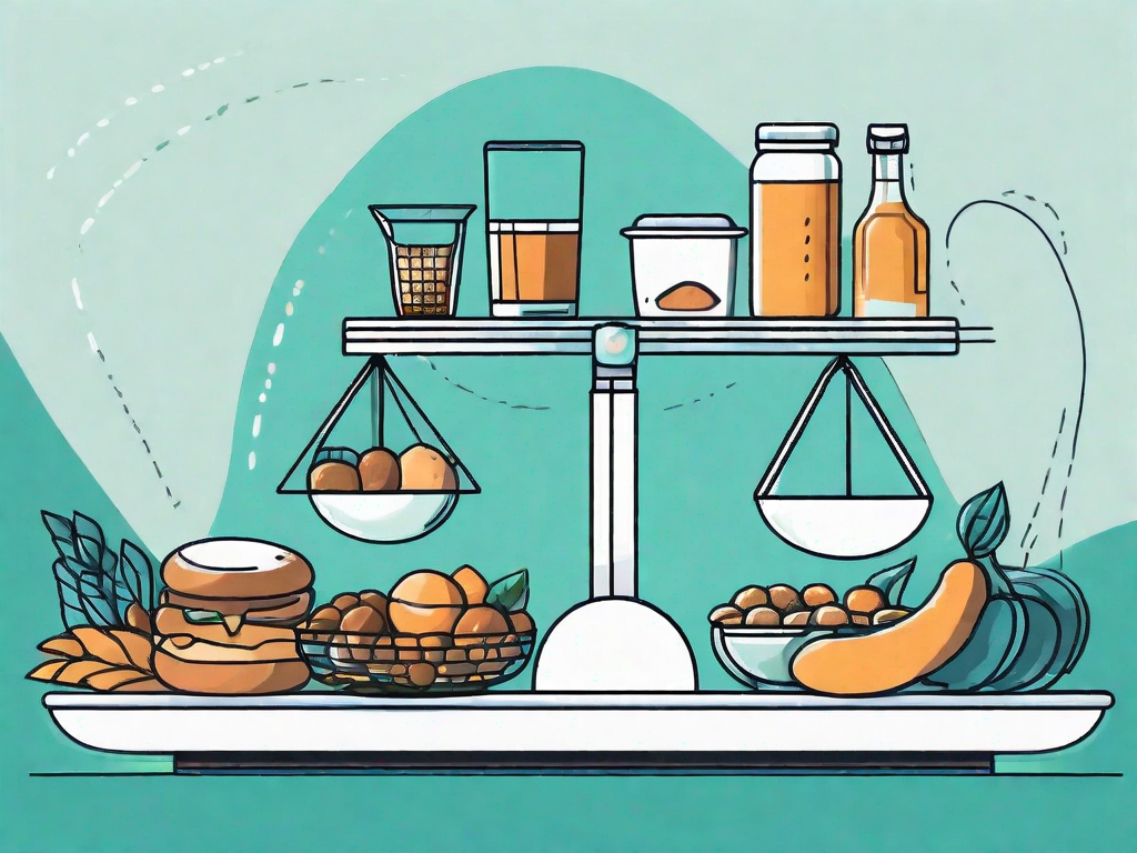 A balanced scale with various food and beverage items on one side