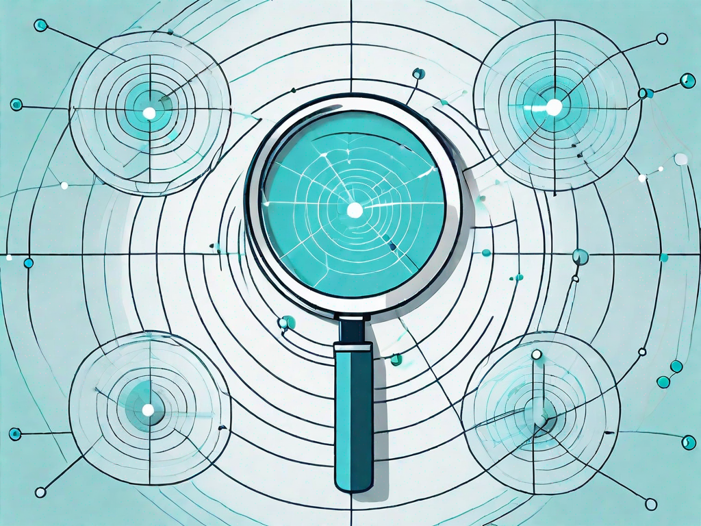 A magnifying glass hovering over a series of interconnected nodes and lines