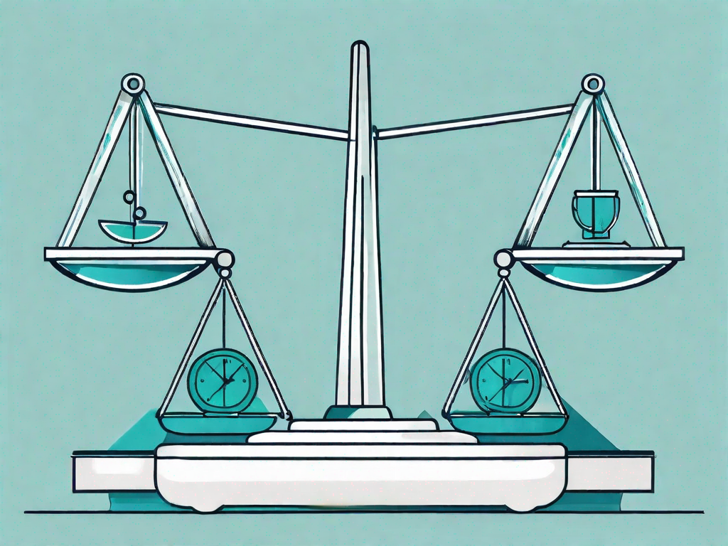 A balanced scale with legal symbols on one side and business analysis graphs on the other