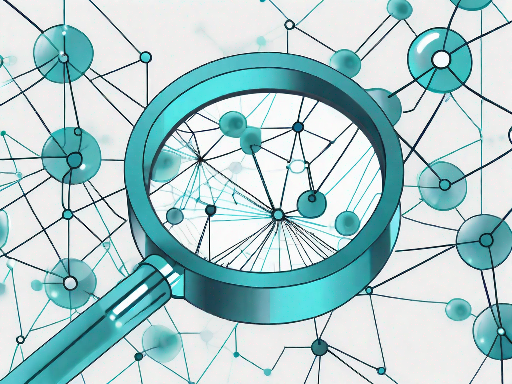 A magnifying glass hovering over a complex network of data nodes