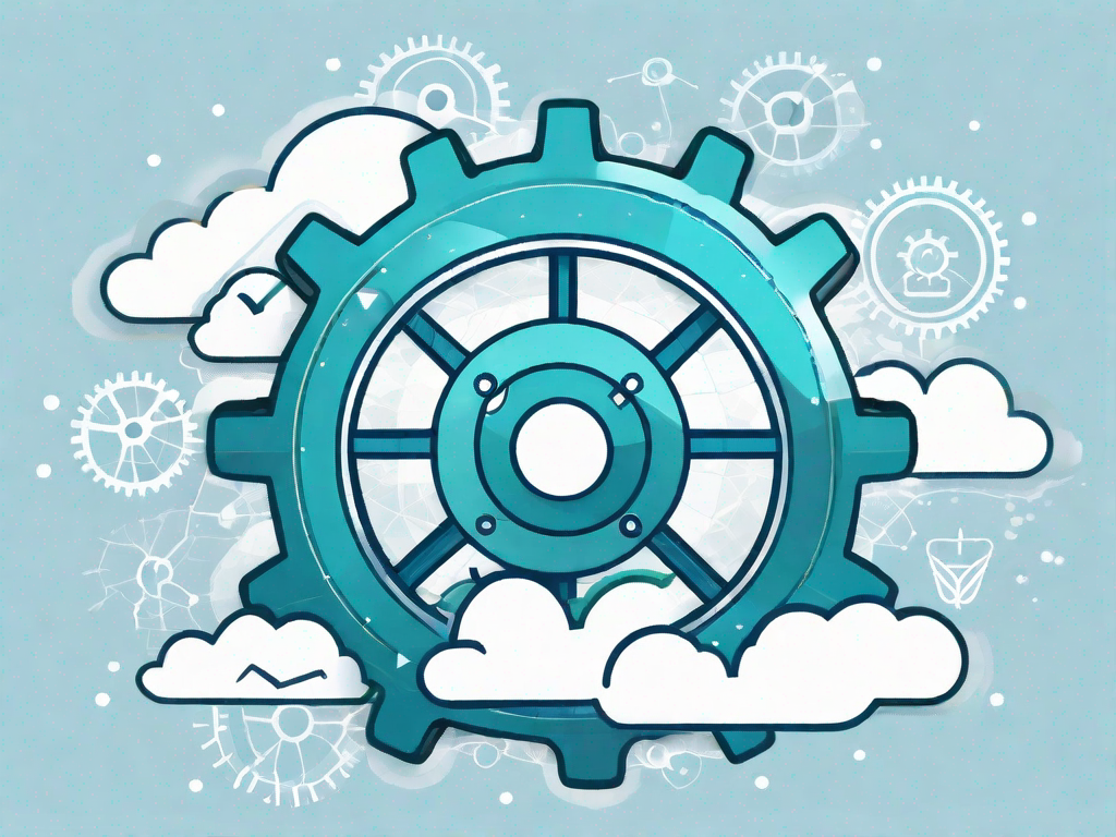 A cloud shaped like a gear (representing software) with various jira-related icons (like tasks