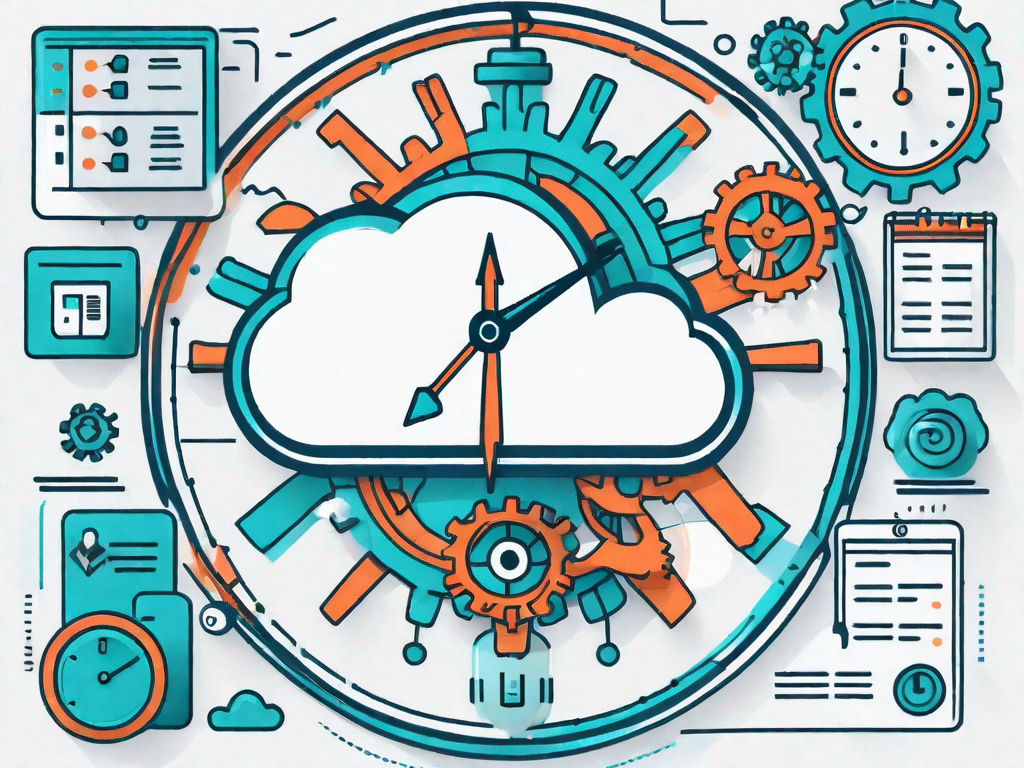 A cloud symbol containing various project management icons such as a checklist