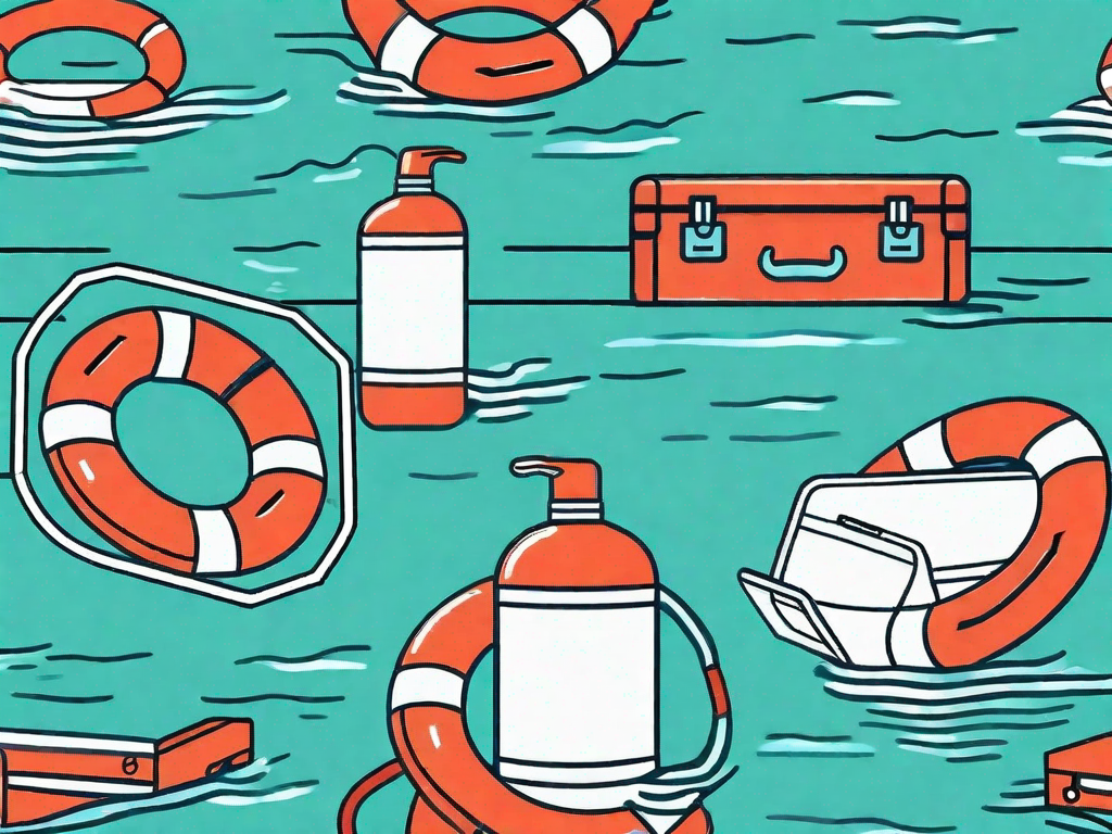 A lifebuoy and a toolbox floating on a digital sea