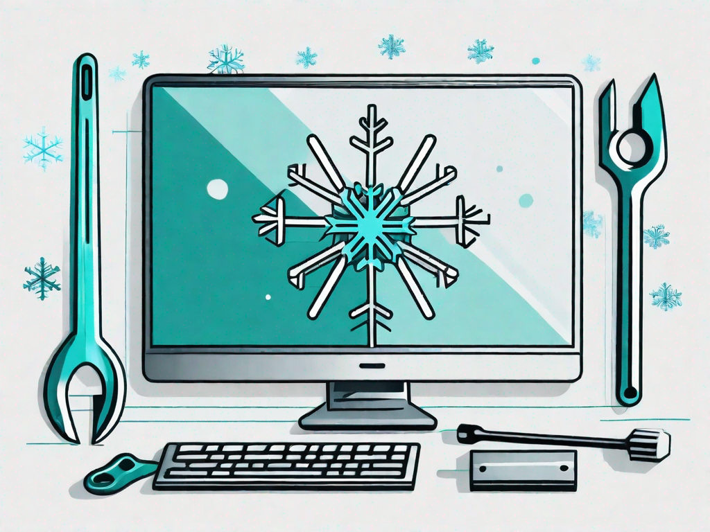 A snowflake symbol on a computer screen with a wrench and screwdriver nearby