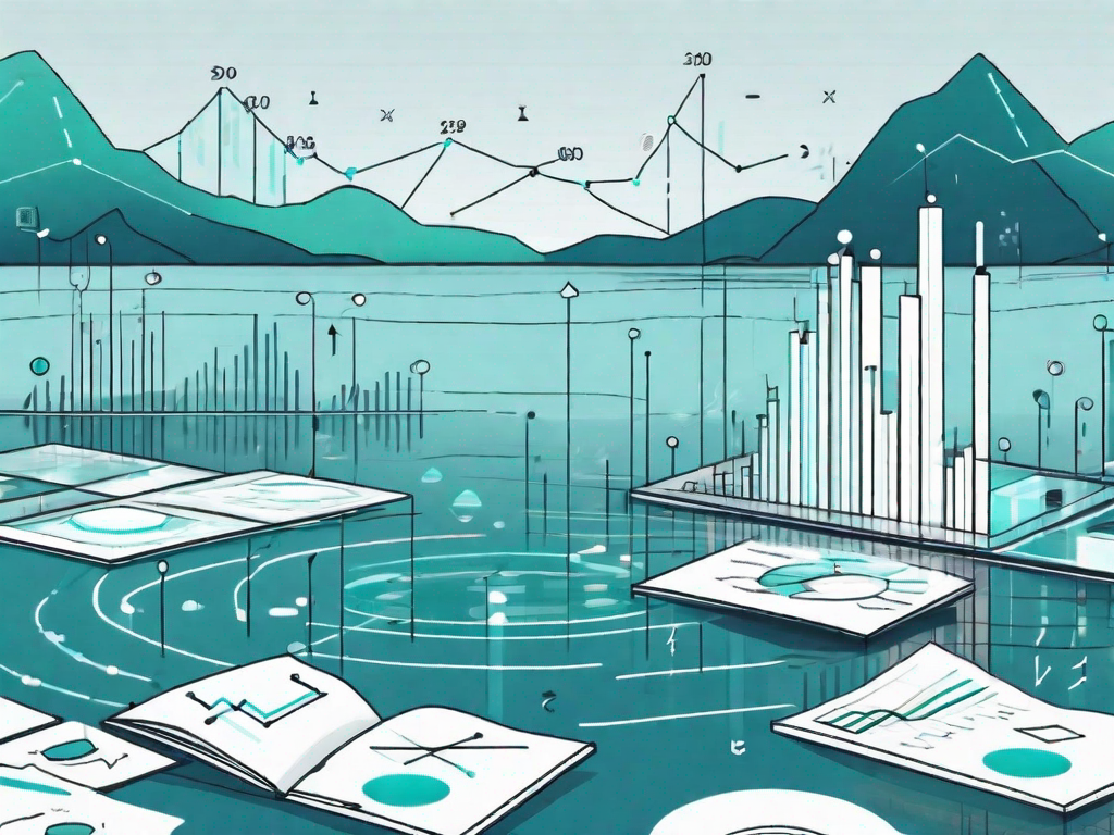 A serene lake filled with symbolic data icons like charts