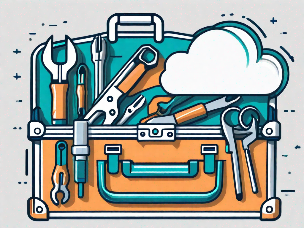 A toolbox with various tools like a wrench and screwdriver fixing a cloud symbol with bitbucket icon embedded