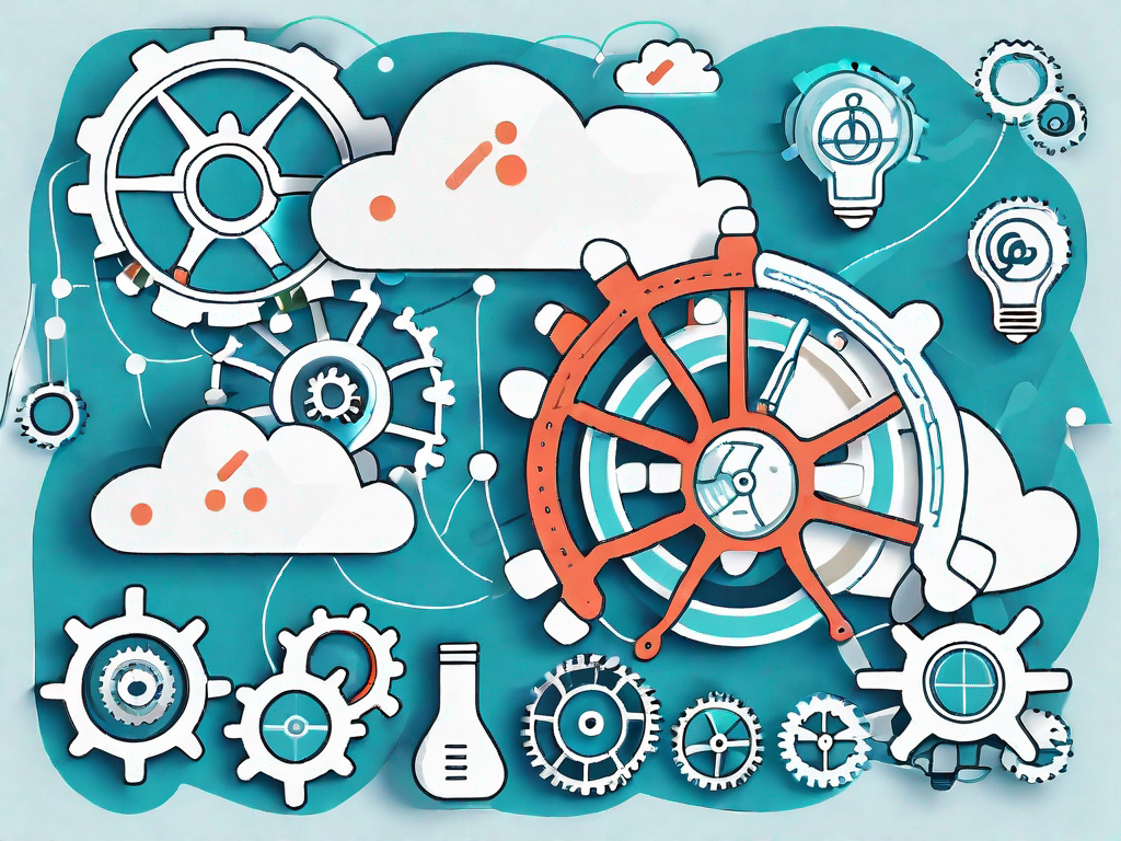 Clouds interconnected with various technical symbols (like gears