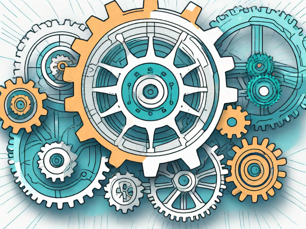 A digital workspace with multiple interconnected gears (representing different projects)