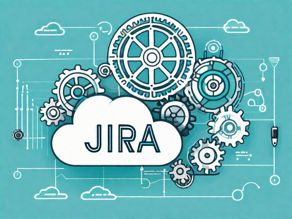 A cloud-shaped jira software interface with various project management tools and gears