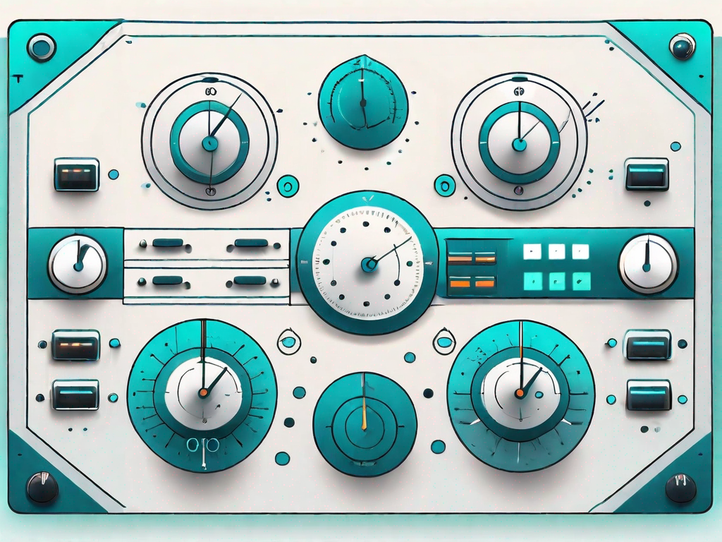 A control panel with various dials and switches